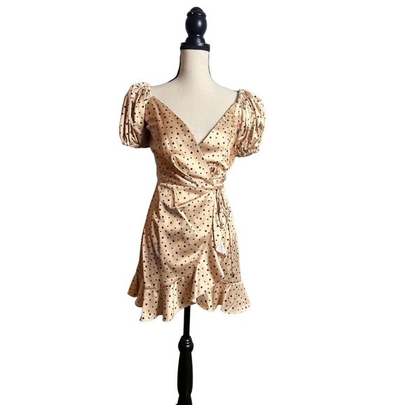 Significant Other Dress Womens 2 Nyssa Polka Dot Mini Wrap Beige Black Ruffle - Picture 2 of 7